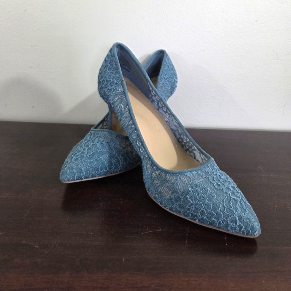 JF J.Ferrar Lace Pointed Toe Teal Grey Heels 3" Sz 9 ~ Pre-Owned